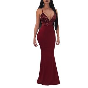 Burgundy sequin fishtail maxi prom dress